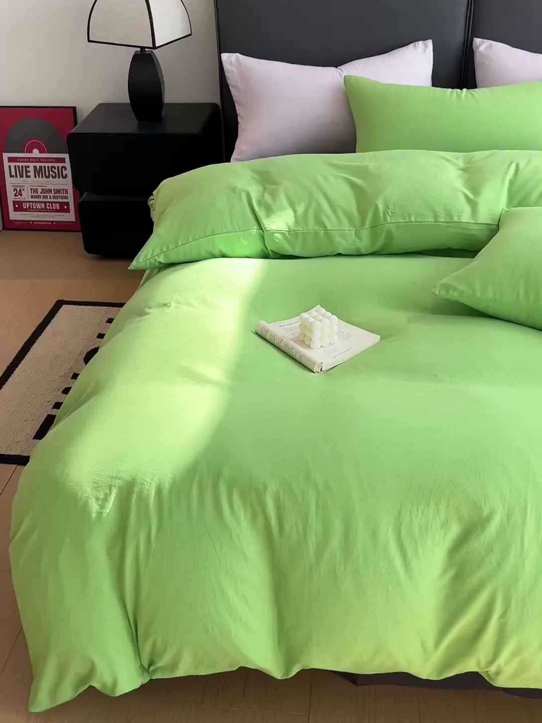 91家纺网 家纺一手货源 找家纺 凯洛奇 2025新款ins北欧风水洗棉柔软褶皱纯色被套四件套 拼色-黄绿