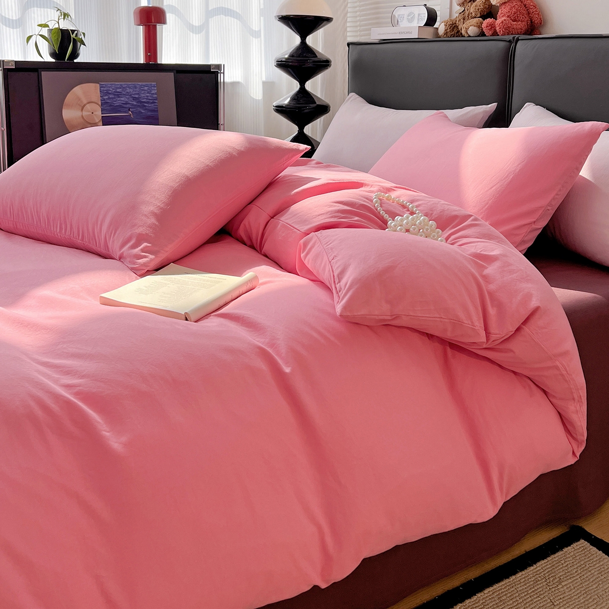 91家纺网 家纺一手货源 找家纺 凯洛奇 2025新款ins北欧风水洗棉柔软褶皱纯色被套四件套 拼色-玫红