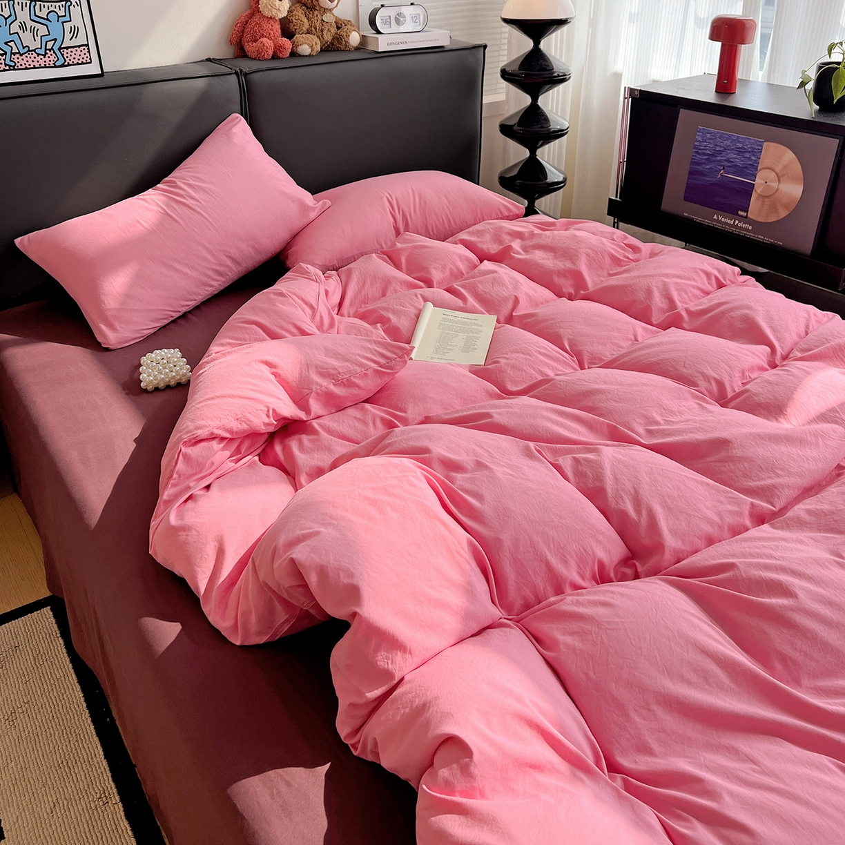 91家纺网 家纺一手货源 找家纺 凯洛奇 2025新款ins北欧风水洗棉柔软褶皱纯色被套四件套 拼色-玫红