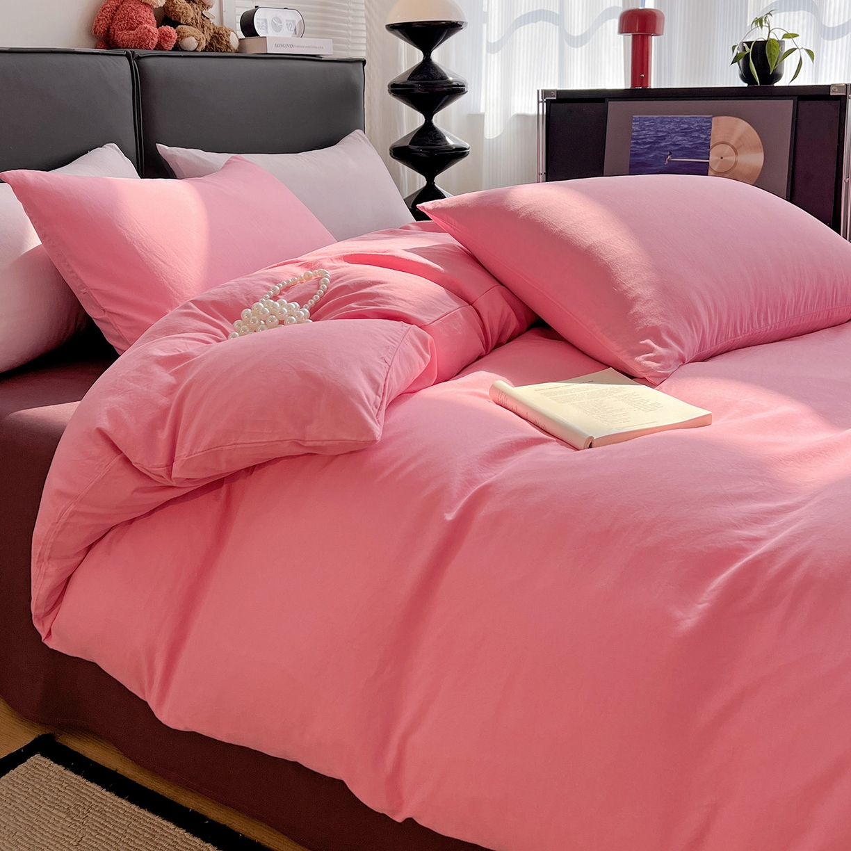 91家纺网 家纺一手货源 找家纺 凯洛奇 2025新款ins北欧风水洗棉柔软褶皱纯色被套四件套 拼色-玫红