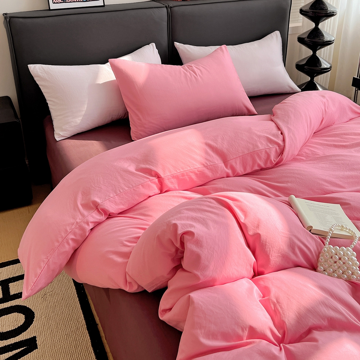 91家纺网 家纺一手货源 找家纺 凯洛奇 2025新款ins北欧风水洗棉柔软褶皱纯色被套四件套 拼色-玫红