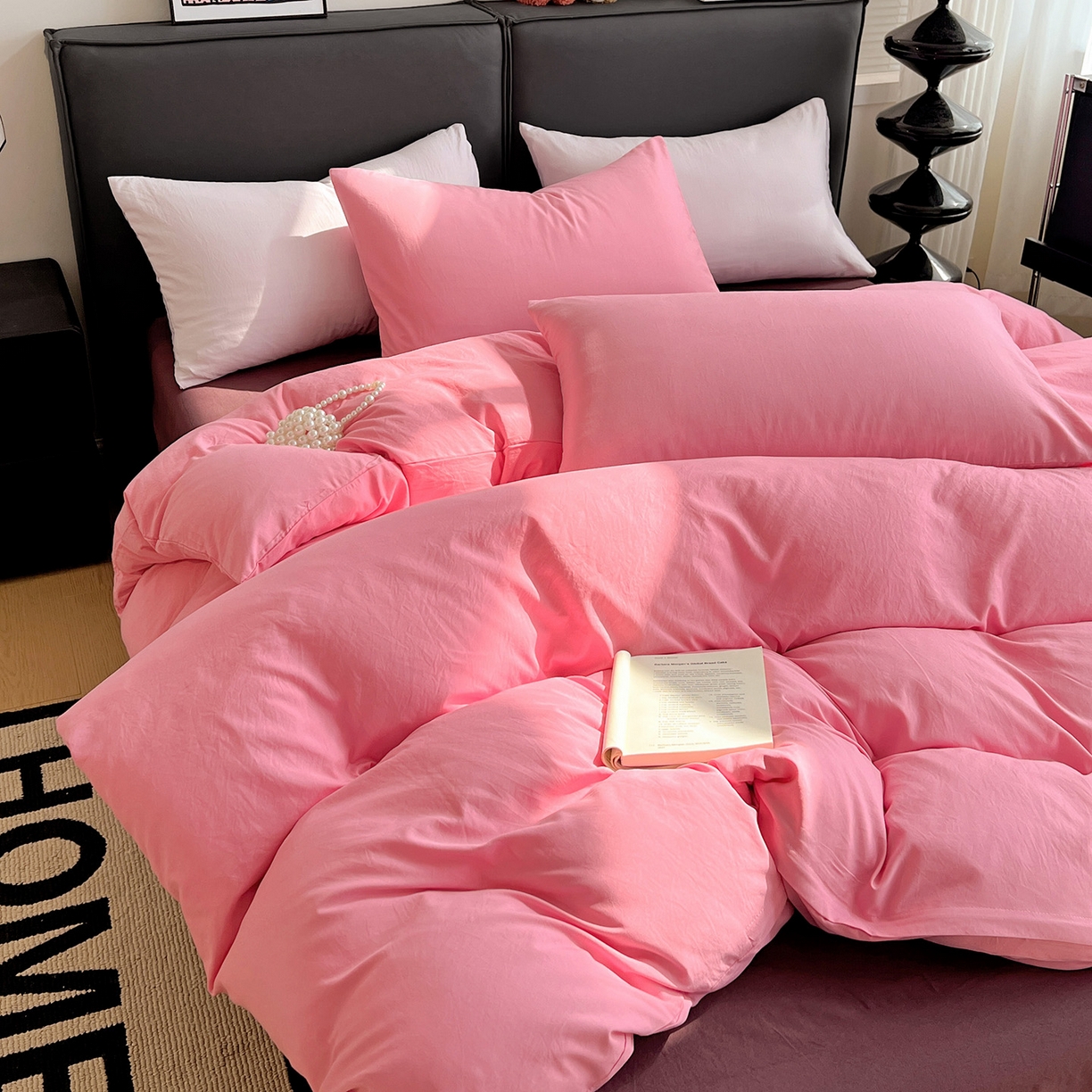 91家纺网 家纺一手货源 找家纺 凯洛奇 2025新款ins北欧风水洗棉柔软褶皱纯色被套四件套 拼色-玫红