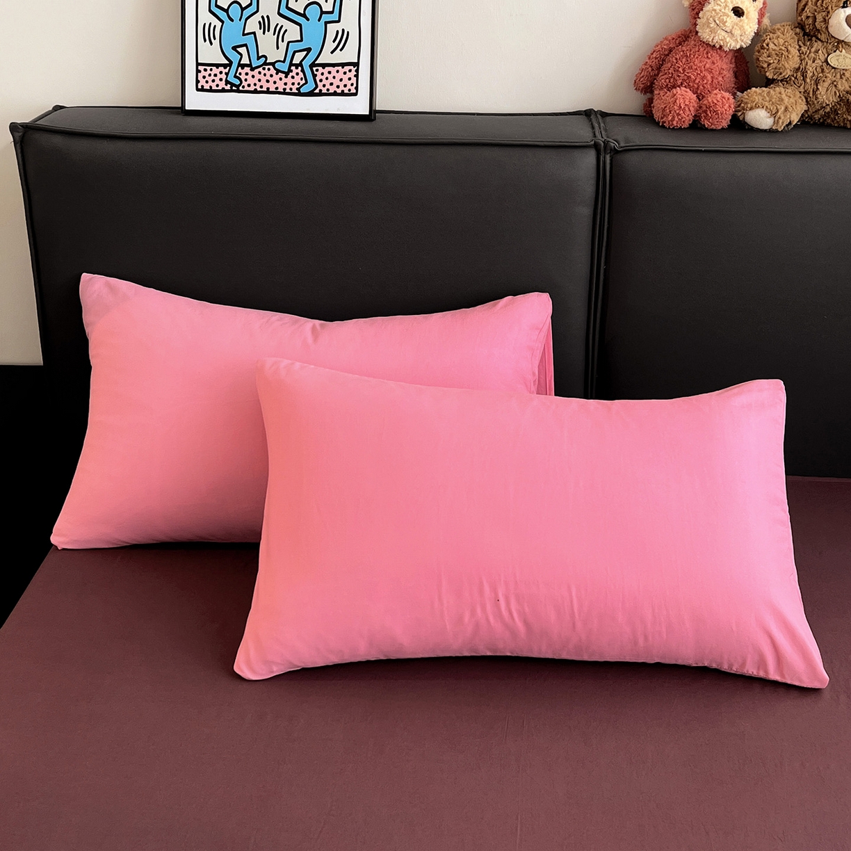 91家纺网 家纺一手货源 找家纺 凯洛奇 2025新款ins北欧风水洗棉柔软褶皱纯色被套四件套 拼色-玫红