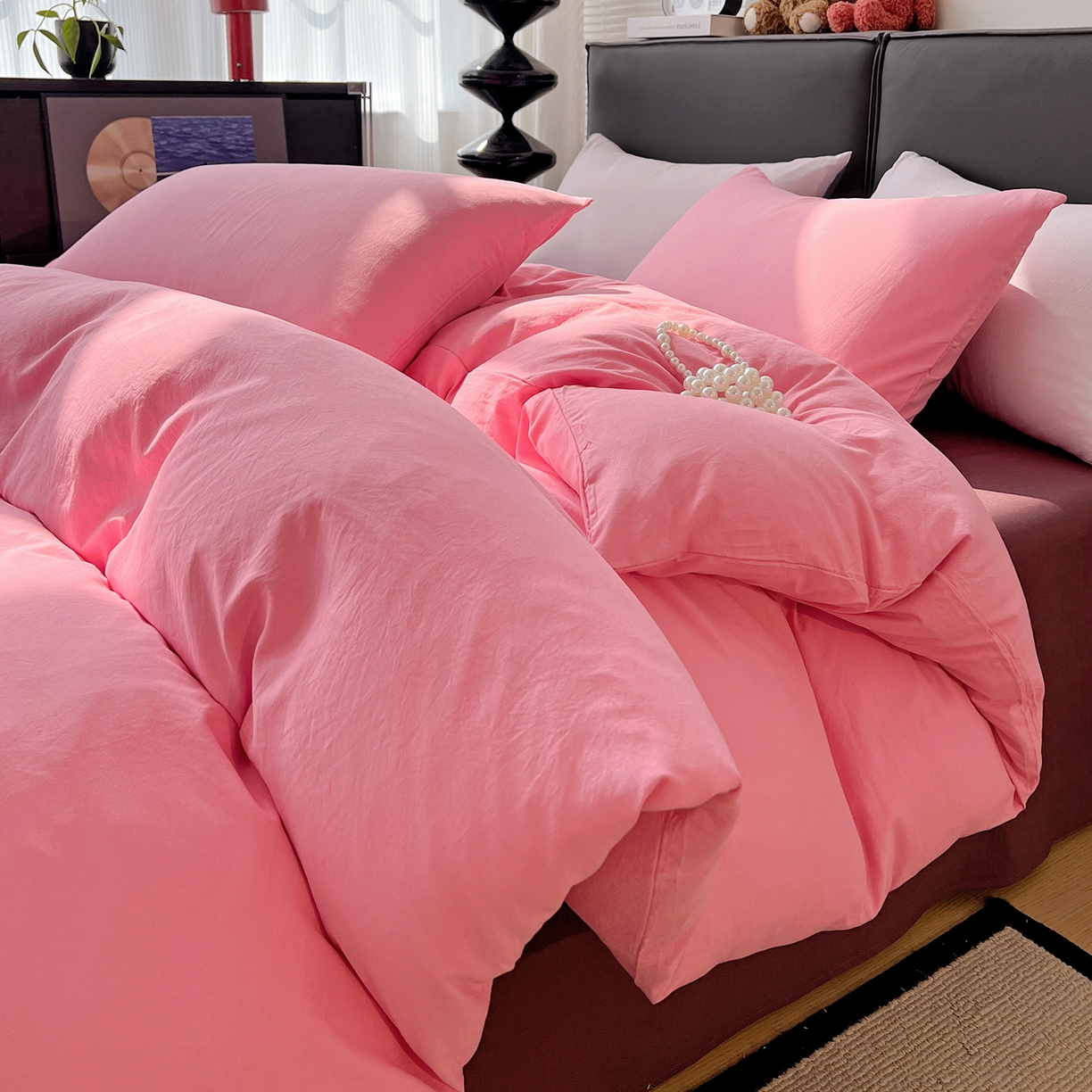91家纺网 家纺一手货源 找家纺 凯洛奇 2025新款ins北欧风水洗棉柔软褶皱纯色被套四件套 拼色-玫红