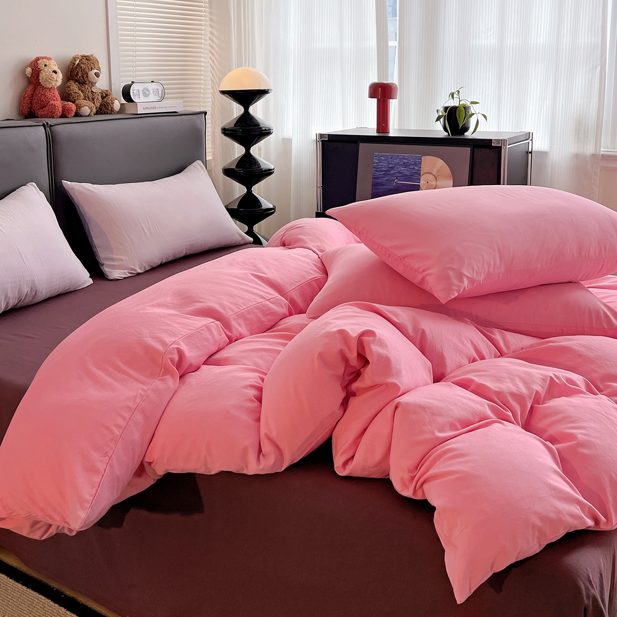 91家纺网 家纺一手货源 找家纺 凯洛奇 2025新款ins北欧风水洗棉柔软褶皱纯色被套四件套 拼色-玫红