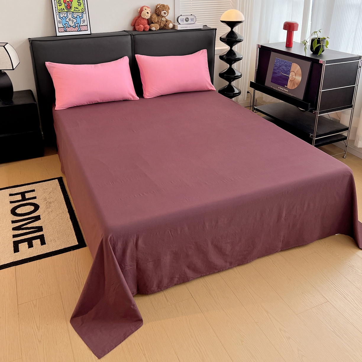 91家纺网 家纺一手货源 找家纺 凯洛奇 2025新款ins北欧风水洗棉柔软褶皱纯色被套四件套 拼色-玫红