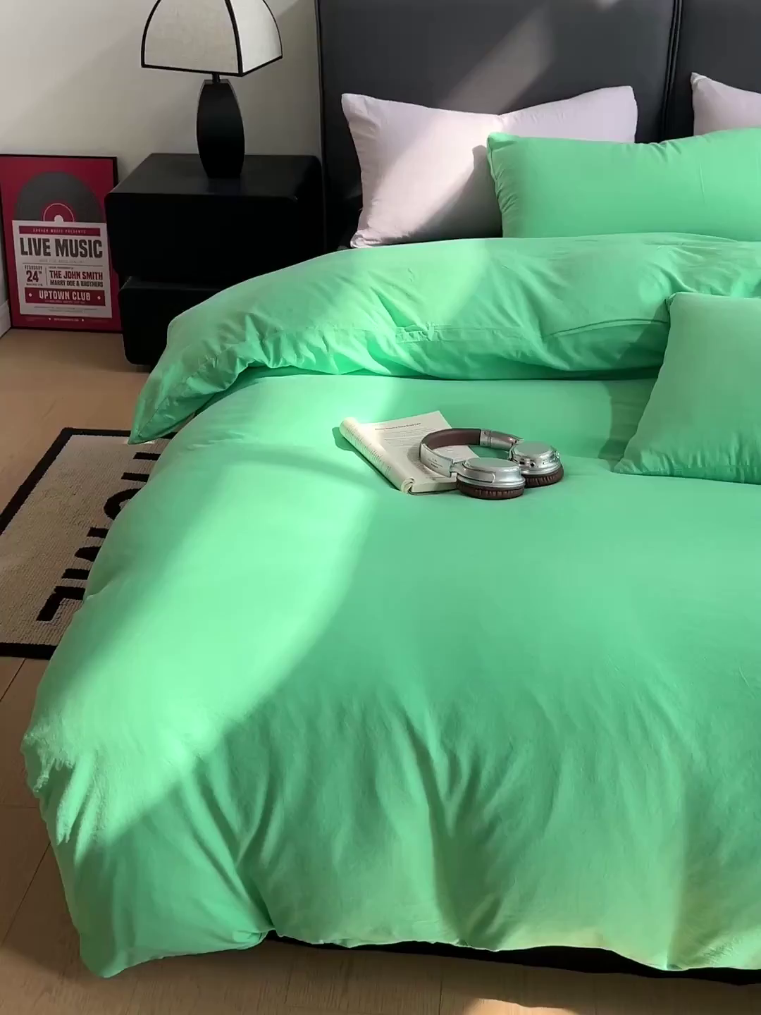 91家纺网 家纺一手货源 找家纺 凯洛奇 2025新款ins北欧风水洗棉柔软褶皱纯色被套四件套 拼色-翠绿