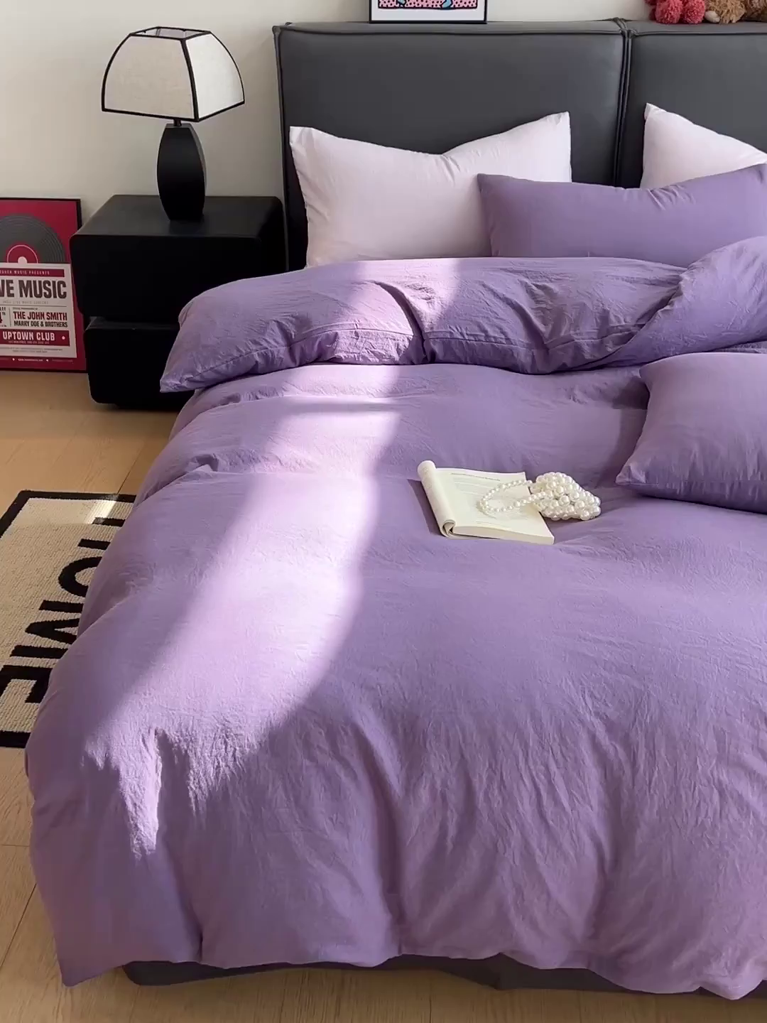 91家纺网 家纺一手货源 找家纺 凯洛奇 2025新款ins北欧风水洗棉柔软褶皱纯色被套四件套 拼色-深紫