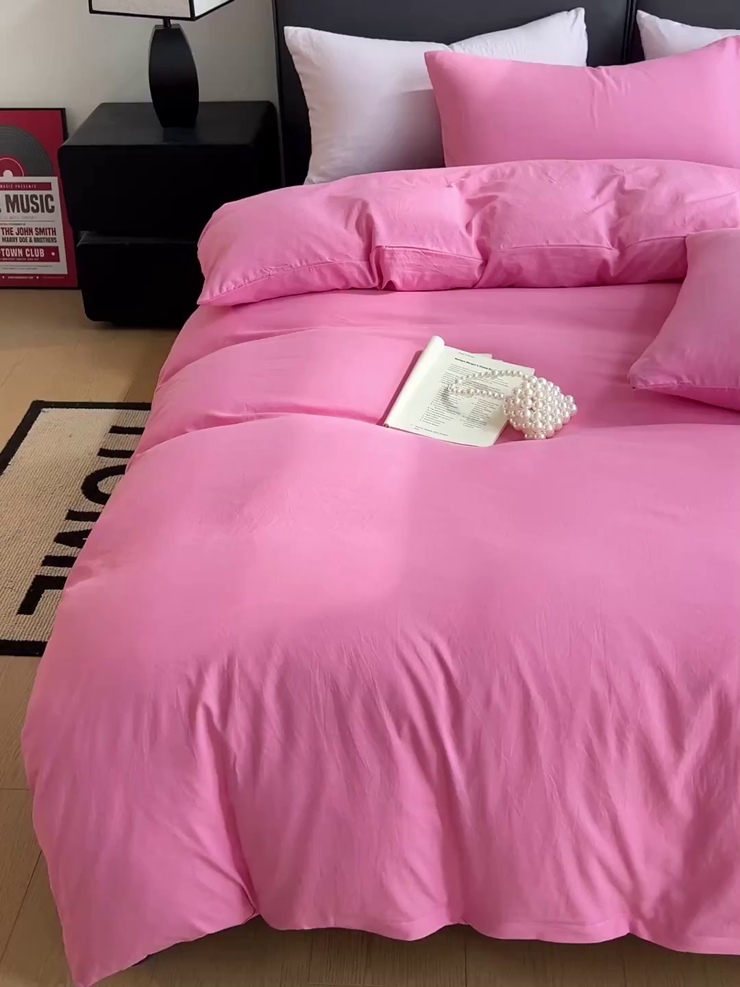 91家纺网 家纺一手货源 找家纺 凯洛奇 2025新款ins北欧风水洗棉柔软褶皱纯色被套四件套 拼色-玫红