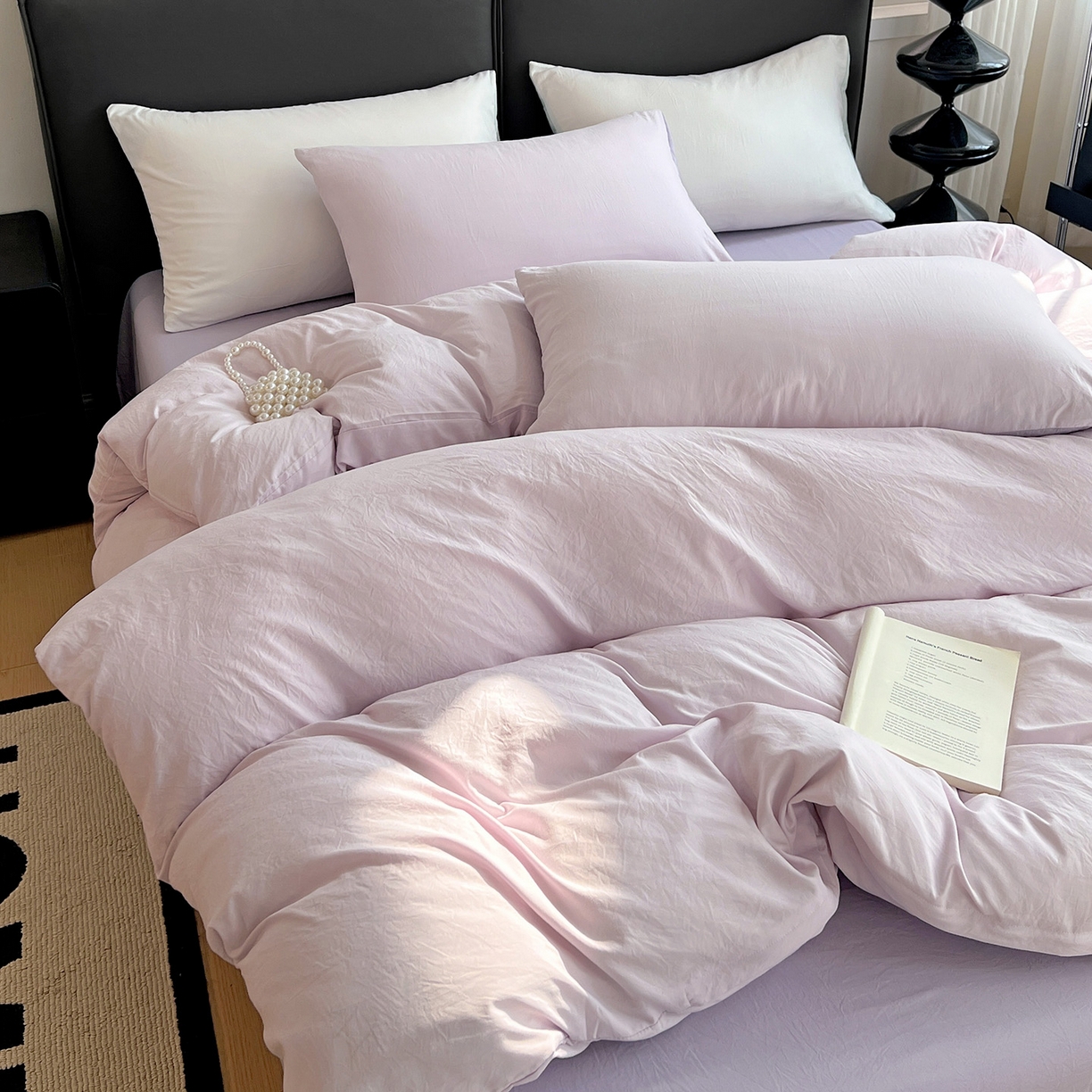 91家纺网 家纺一手货源 找家纺 凯洛奇 2025新款ins北欧风水洗棉柔软褶皱纯色被套四件套 拼色-浅紫