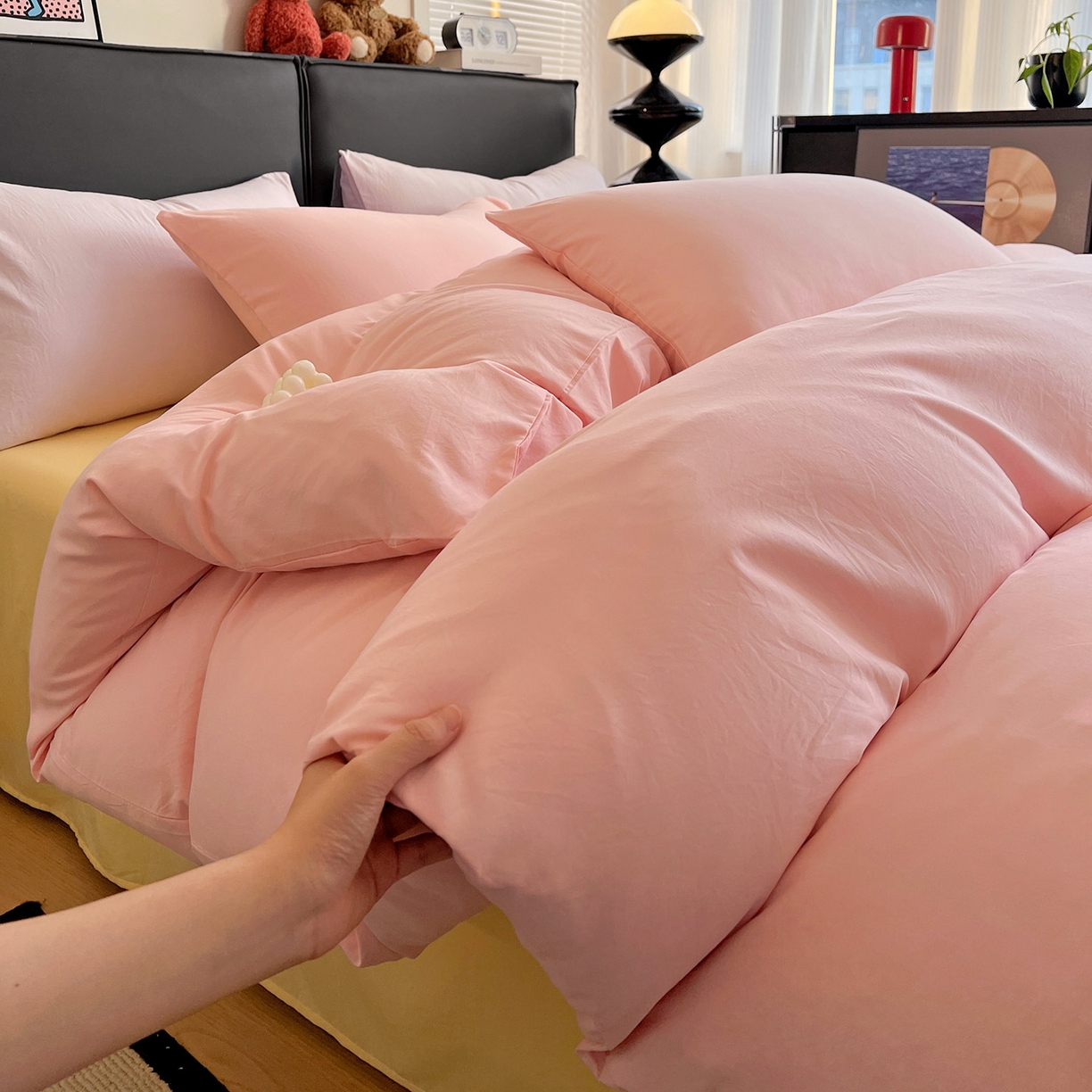 （总）凯洛奇 2025新款ins北欧风水洗棉柔软褶皱纯色被套四件套