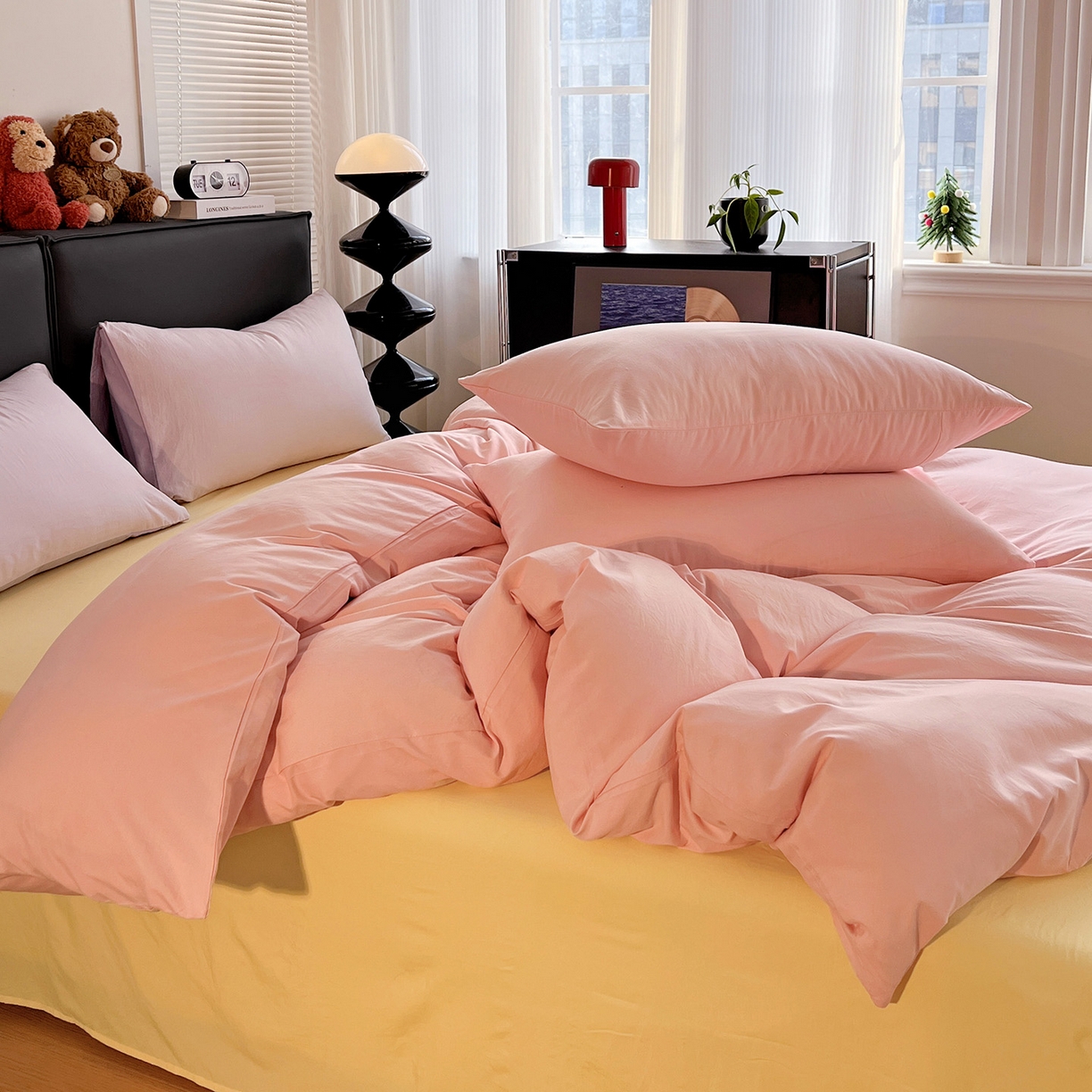 91家纺网 家纺一手货源 找家纺 （总）凯洛奇 2025新款ins北欧风水洗棉柔软褶皱纯色被套四件套