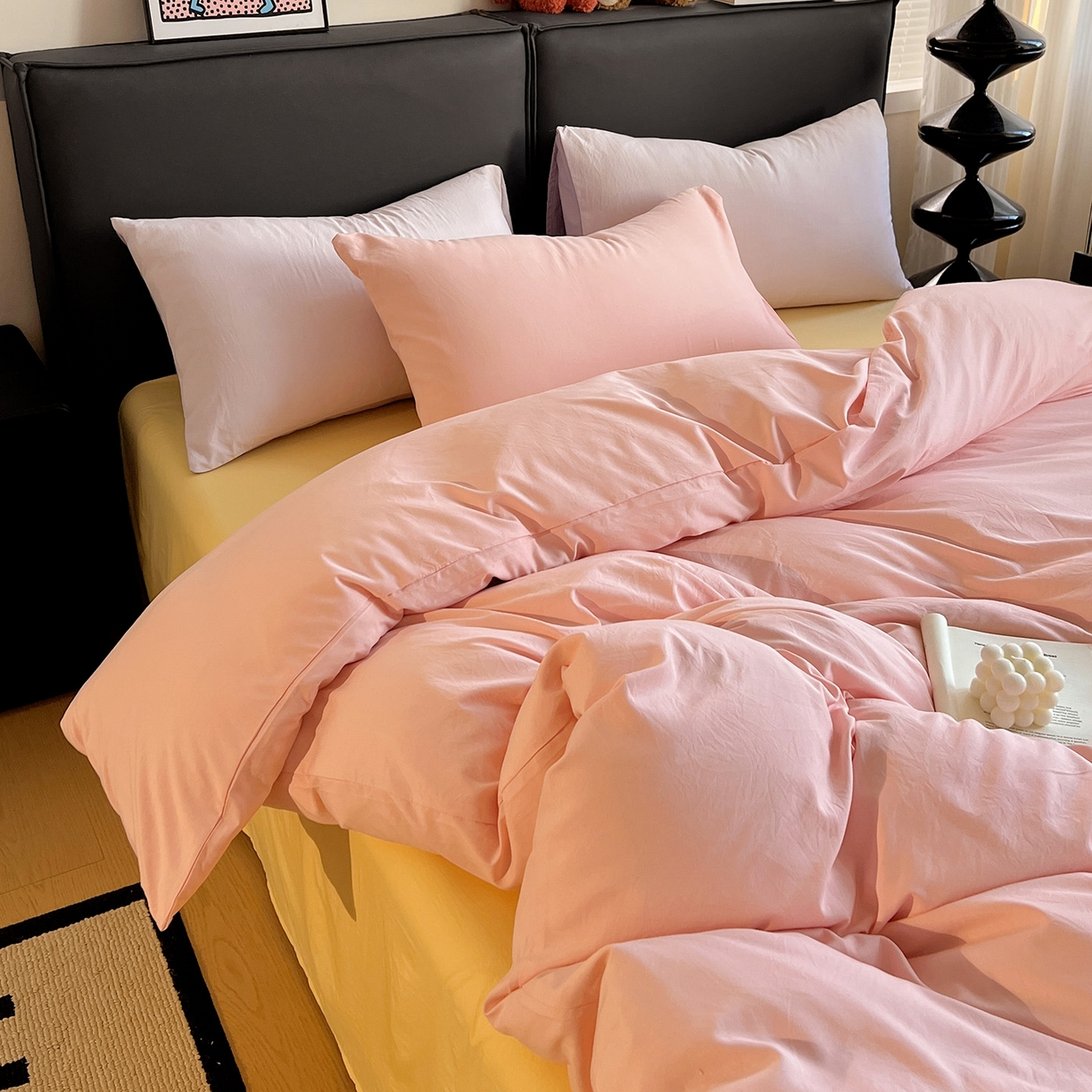 91家纺网 家纺一手货源 找家纺 （总）凯洛奇 2025新款ins北欧风水洗棉柔软褶皱纯色被套四件套