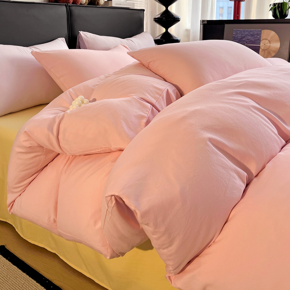 91家纺网 家纺一手货源 找家纺 （总）凯洛奇 2025新款ins北欧风水洗棉柔软褶皱纯色被套四件套