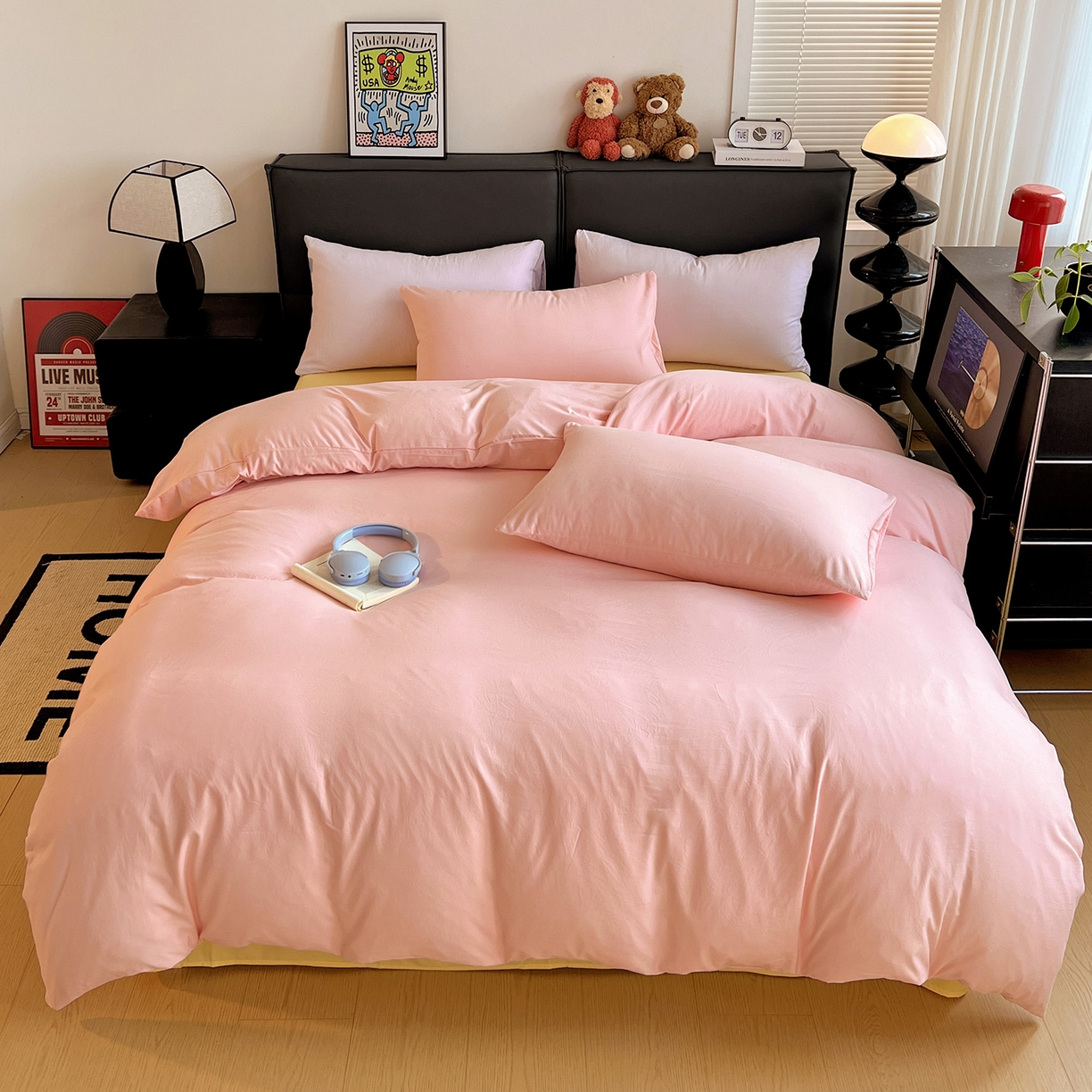 91家纺网 家纺一手货源 找家纺 （总）凯洛奇 2025新款ins北欧风水洗棉柔软褶皱纯色被套四件套