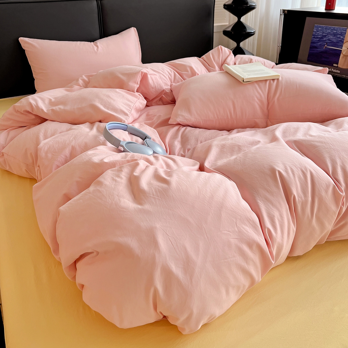 91家纺网 家纺一手货源 找家纺 （总）凯洛奇 2025新款ins北欧风水洗棉柔软褶皱纯色被套四件套