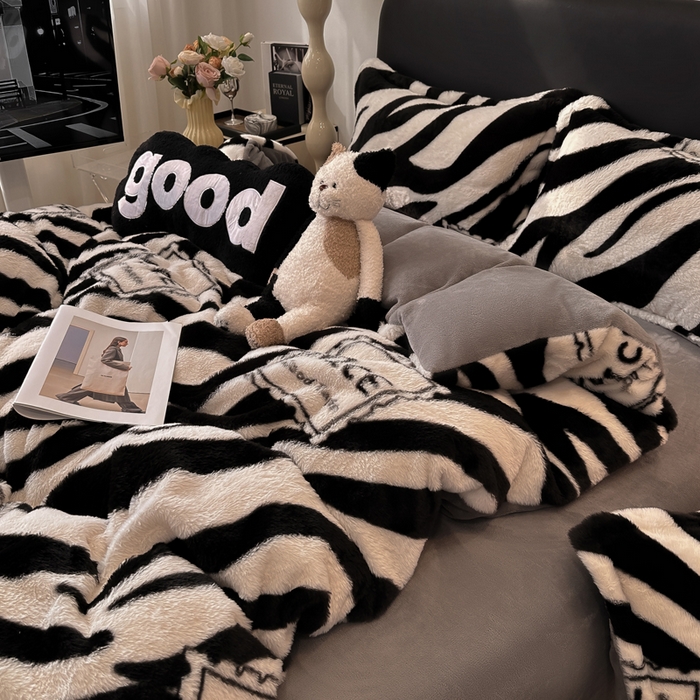 91家纺网 家纺一手货源 找家纺 仟网汇 2025新款兔毛绒印花四件套 斑马纹