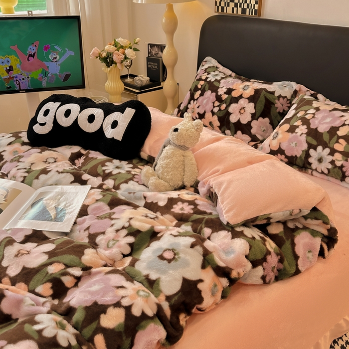 91家纺网 家纺一手货源 找家纺 仟网汇 2025新款兔毛绒印花四件套 晚秋