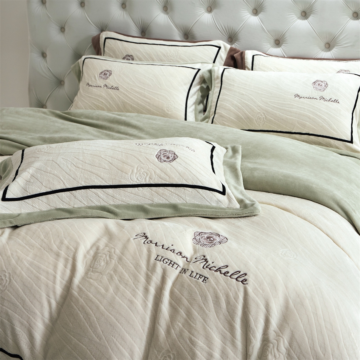 91家纺网 家纺一手货源 找家纺 优悦生活馆 2025新款雕花绒牛奶绒刺绣四件套-山茶花语 山茶花语-绿