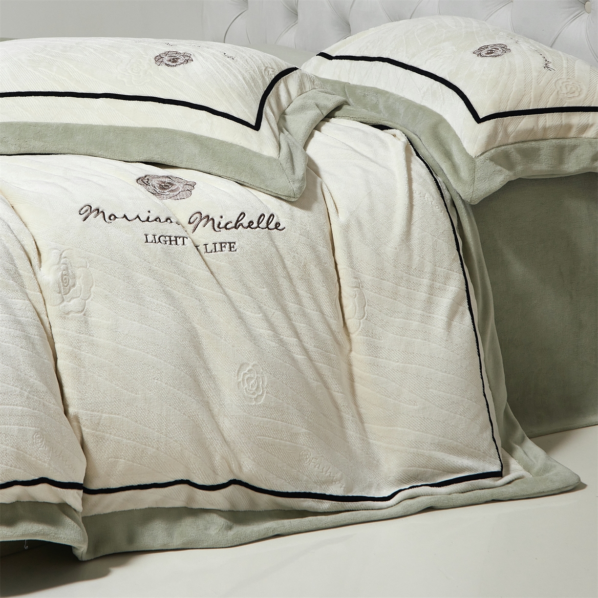 91家纺网 家纺一手货源 找家纺 优悦生活馆 2025新款雕花绒牛奶绒刺绣四件套-山茶花语 山茶花语-绿