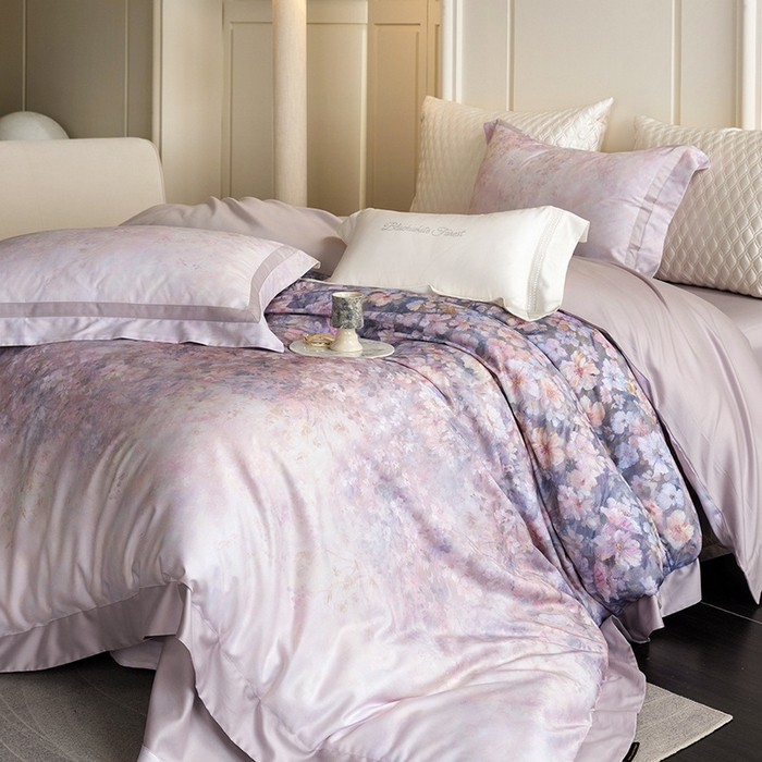 91家纺网 家纺一手货源 找家纺 黑白森林 2025新款高支天丝棉磨毛数码印花四件套 浪漫满屋-紫