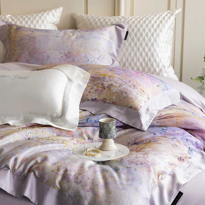 91家纺网 家纺一手货源 找家纺 黑白森林 2025新款高支天丝棉磨毛数码印花四件套 素雅-紫