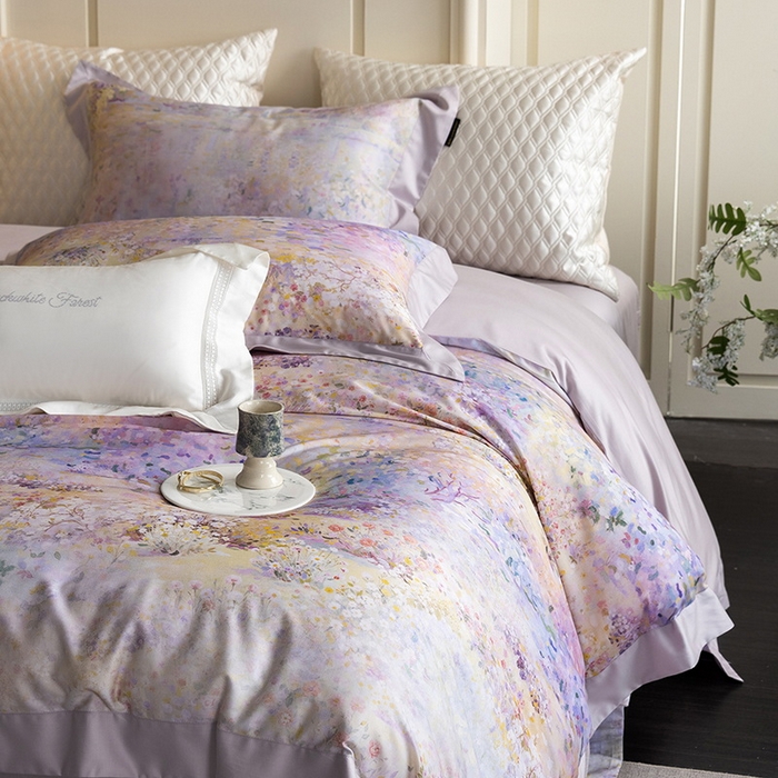 91家纺网 家纺一手货源 找家纺 黑白森林 2025新款高支天丝棉磨毛数码印花四件套 素雅-紫