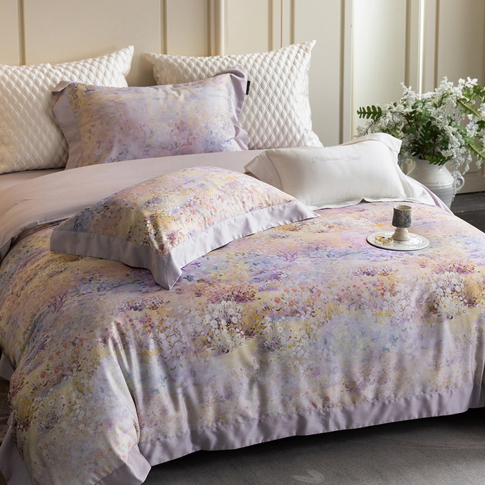 91家纺网 家纺一手货源 找家纺 黑白森林 2025新款高支天丝棉磨毛数码印花四件套 素雅-紫