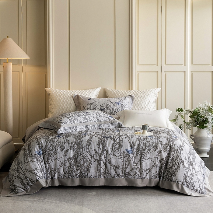 黑白森林 2025新款高支天丝棉磨毛数码印花四件套 竹影-灰