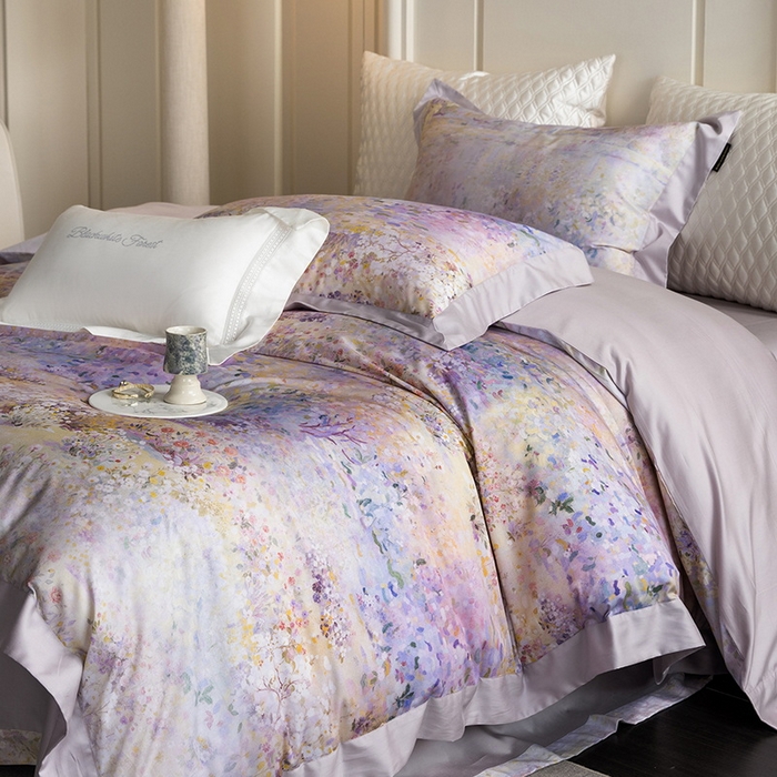 91家纺网 家纺一手货源 找家纺 黑白森林 2025新款高支天丝棉磨毛数码印花四件套 素雅-紫