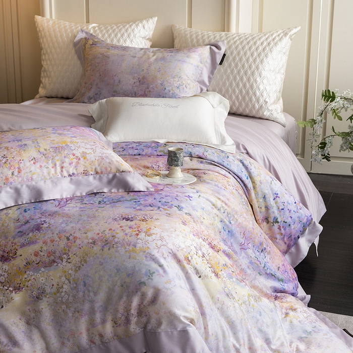 91家纺网 家纺一手货源 找家纺 黑白森林 2025新款高支天丝棉磨毛数码印花四件套 素雅-紫