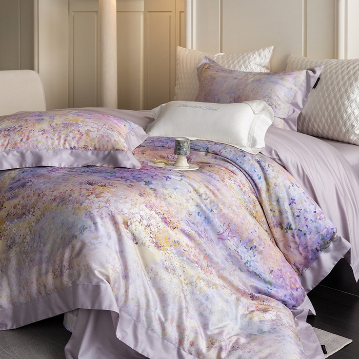 91家纺网 家纺一手货源 找家纺 黑白森林 2025新款高支天丝棉磨毛数码印花四件套 素雅-紫