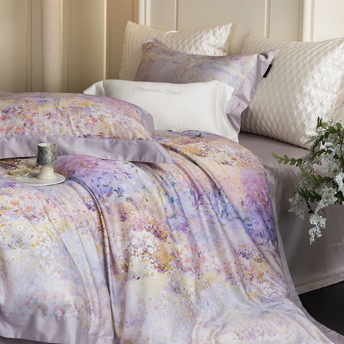 91家纺网 家纺一手货源 找家纺 黑白森林 2025新款高支天丝棉磨毛数码印花四件套 素雅-紫