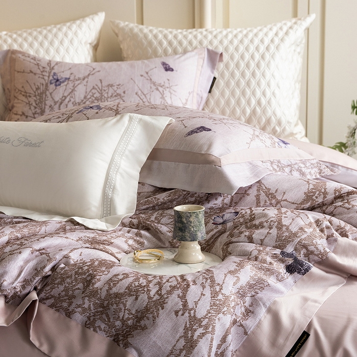 91家纺网 家纺一手货源 找家纺 黑白森林 2025新款高支天丝棉磨毛数码印花四件套 竹影-粉