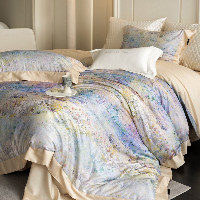 91家纺网 家纺一手货源 找家纺 黑白森林 2025新款高支天丝棉磨毛数码印花四件套 素雅-绿