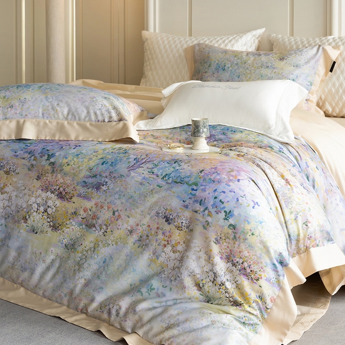 91家纺网 家纺一手货源 找家纺 黑白森林 2025新款高支天丝棉磨毛数码印花四件套 素雅-绿