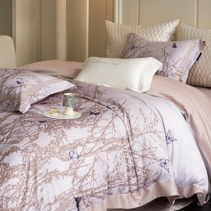 91家纺网 家纺一手货源 找家纺 黑白森林 2025新款高支天丝棉磨毛数码印花四件套 竹影-粉