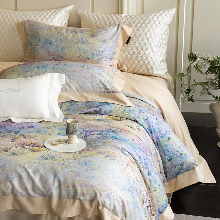 91家纺网 家纺一手货源 找家纺 黑白森林 2025新款高支天丝棉磨毛数码印花四件套 素雅-绿