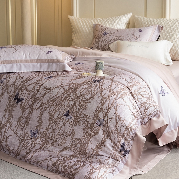 91家纺网 家纺一手货源 找家纺 黑白森林 2025新款高支天丝棉磨毛数码印花四件套 竹影-粉