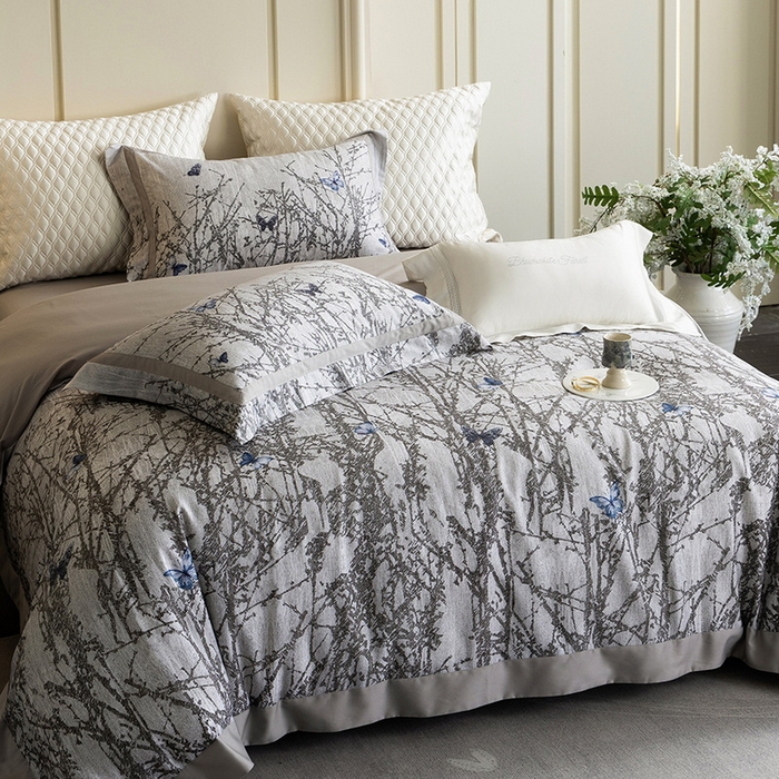 91家纺网 家纺一手货源 找家纺 黑白森林 2025新款高支天丝棉磨毛数码印花四件套 竹影-灰