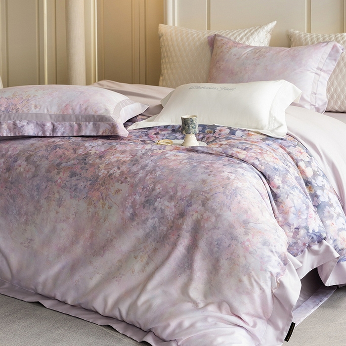 91家纺网 家纺一手货源 找家纺 黑白森林 2025新款高支天丝棉磨毛数码印花四件套 浪漫满屋-紫