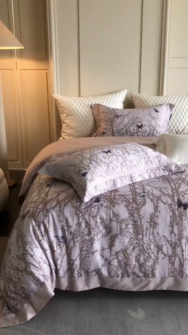 91家纺网 家纺一手货源 找家纺 黑白森林 2025新款高支天丝棉磨毛数码印花四件套 竹影-粉