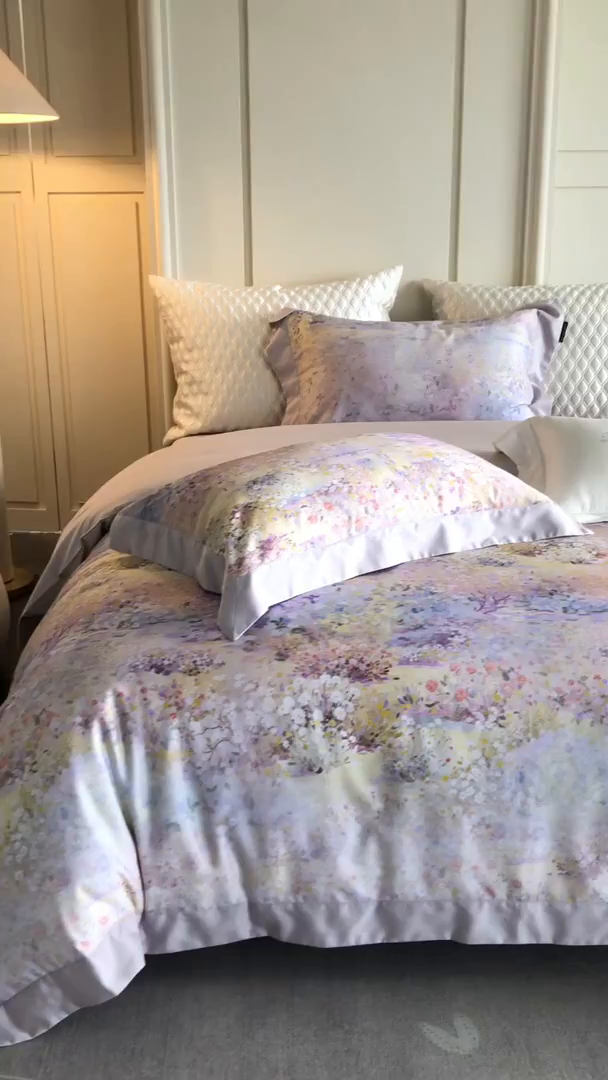 91家纺网 家纺一手货源 找家纺 黑白森林 2025新款高支天丝棉磨毛数码印花四件套 素雅-紫