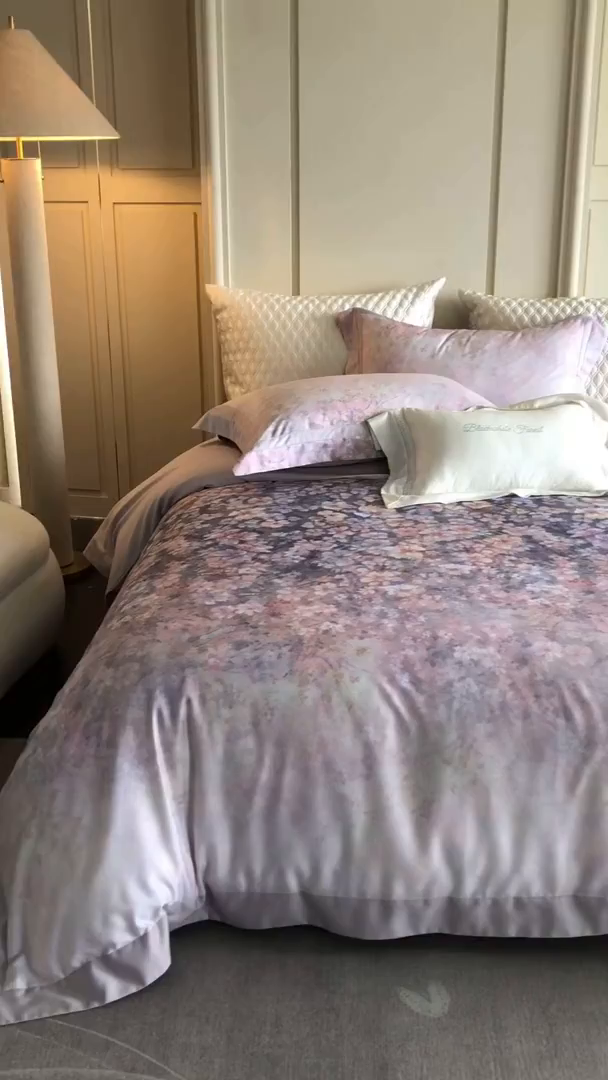 91家纺网 家纺一手货源 找家纺 黑白森林 2025新款高支天丝棉磨毛数码印花四件套 浪漫满屋-紫