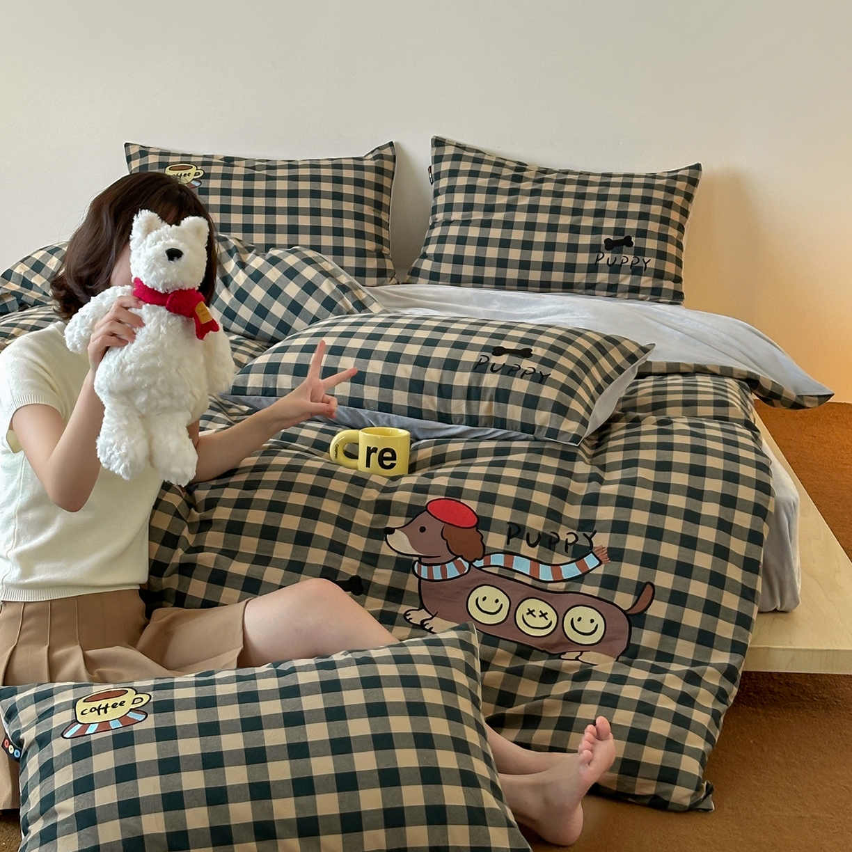 RYB红黄兰 2025新款设计师原创A面全棉色织水洗棉+B面婴儿绒贴布绣四件套 绿格笑脸汪