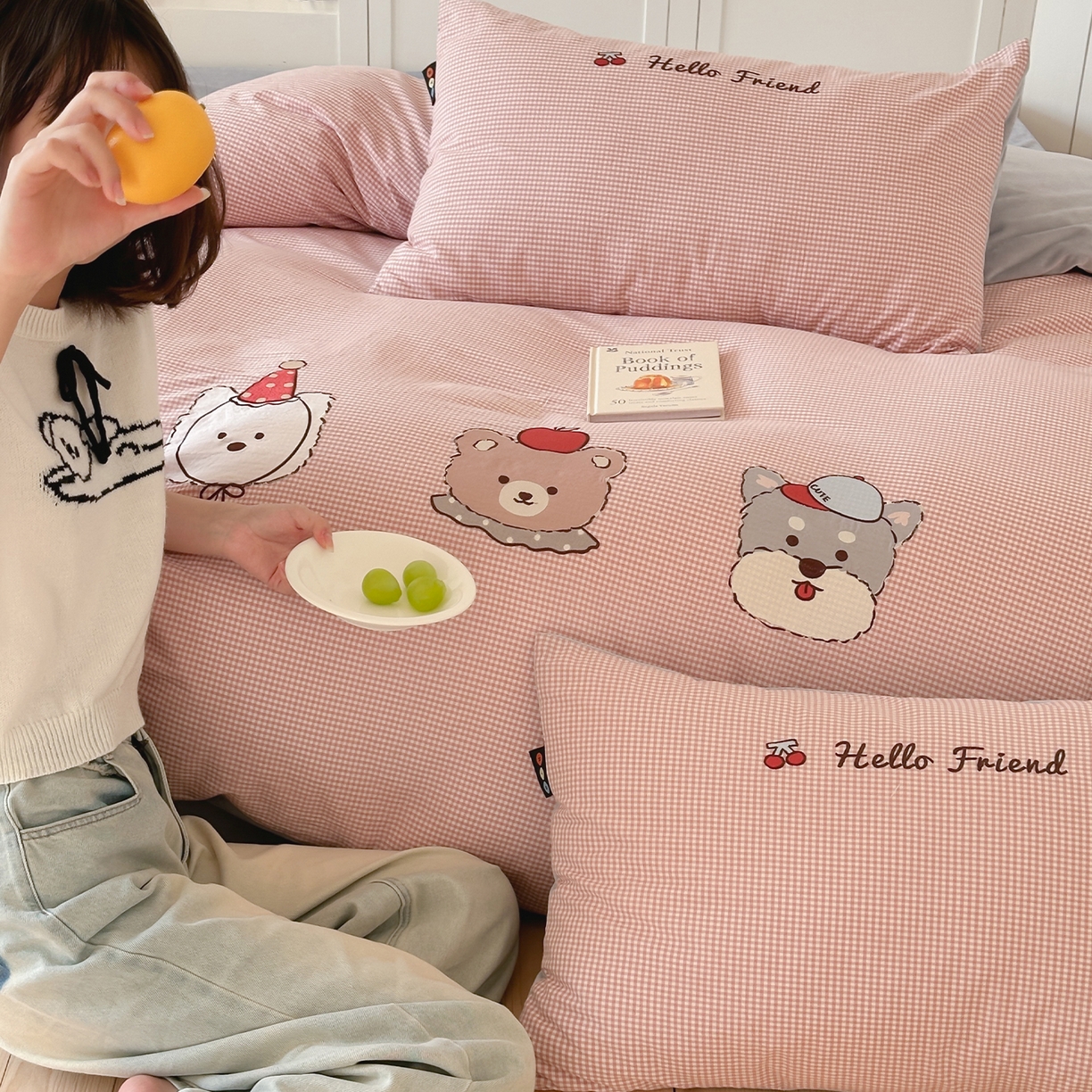 RYB红黄兰 2025新款设计师原创A面全棉色织水洗棉+B面婴儿绒贴布绣四件套 蜜格萌宠粉