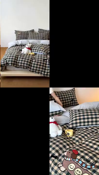 91家纺网 家纺一手货源 找家纺 RYB红黄兰 2025新款设计师原创A面全棉色织水洗棉+B面婴儿绒贴布绣四件套 绿格笑脸汪