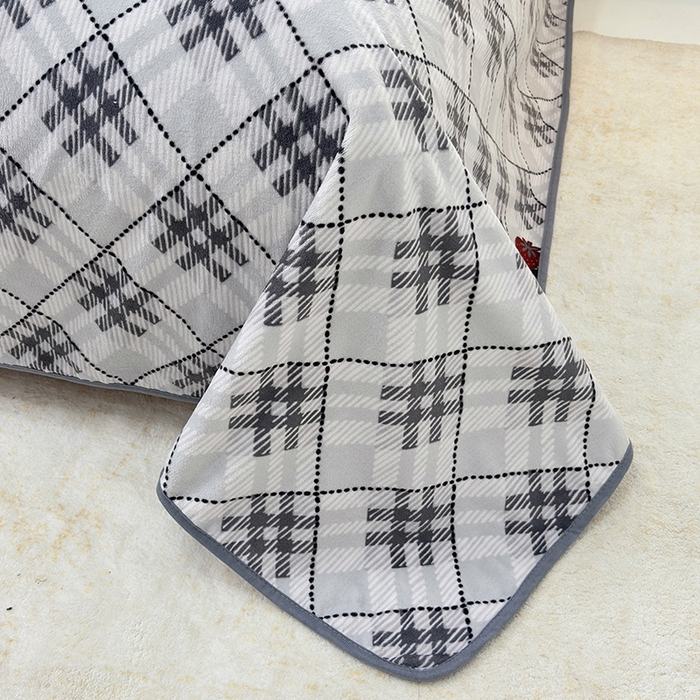 91家纺网 家纺一手货源 找家纺 茗婷家纺 2025新款牛奶绒防水被套床单枕套四件套图供跨境外贸 mm格灰