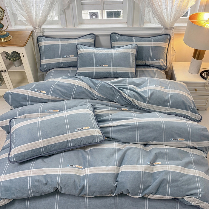 91家纺网 家纺一手货源 找家纺 茗婷家纺 2025新款牛奶绒防水被套床单枕套四件套图供跨境外贸 灰格子
