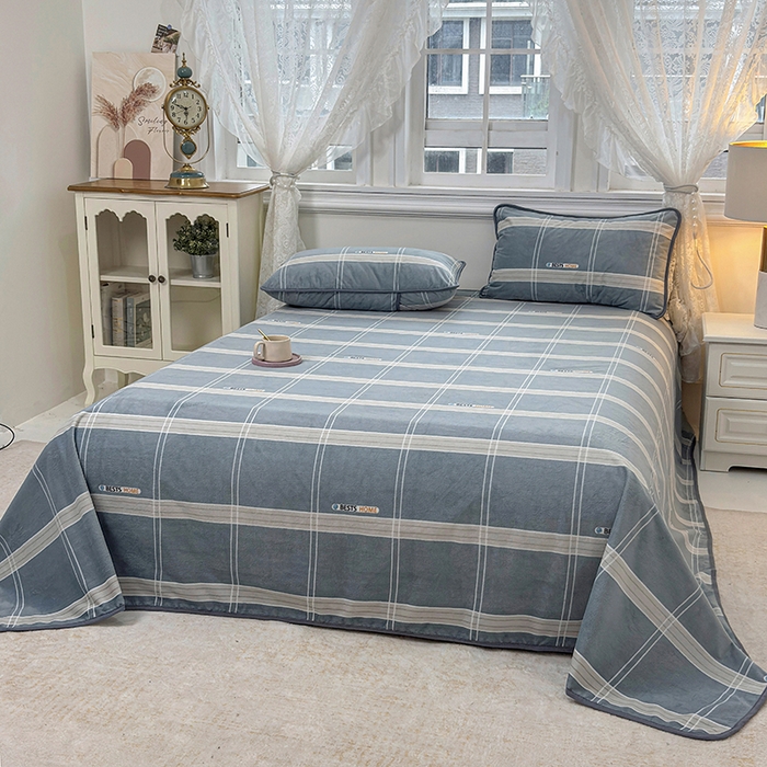 91家纺网 家纺一手货源 找家纺 茗婷家纺 2025新款牛奶绒防水被套床单枕套四件套图供跨境外贸 灰格子